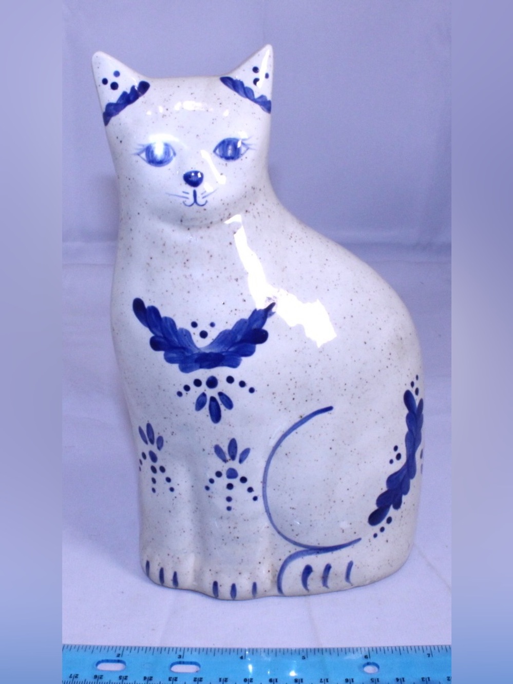 Vintage Ceramic Folk Art Cat Figurine Delft Style Cottagecore Kitty